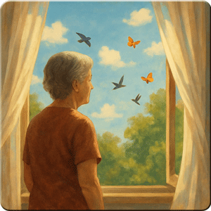 Aquarellbild: Ältere Frau steht am Fenster und schaut in die Natur.