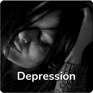 Maedchen mit schwarzen Haaren, in Gedanken. Darunter der Schriftzug "Depression".