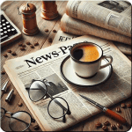 Kaffeetasse und Brille auf Zeitung
