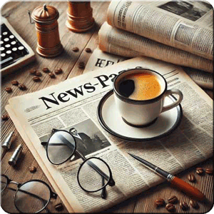 Kaffeetasse und Brille auf Zeitung