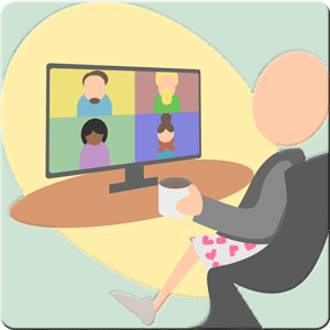 Piktogramm, Person mit Tasse sitzt vor einem Online-Meeting