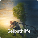 Mann zieht toten Baum von tristem Dunkel ins bluehende Licht. Darunter der Schriftzug "Selbsthilfe"