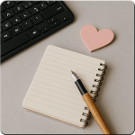 Eine Computer-Tastatur, daneben ein Ringbuch mit Stift und darüber ein herz.