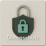 Ein Bügelschloss in Form eines Schutzschildes, darauf ein weiteres kleineres Bügelschloss mit Schlüsselloch. Darunter der Schriftzug "Datenschutz"