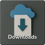 Eine kleine Wolge mit einem Blatt Papier darunter auf dem ein Pfeil nach unten gedruckt ist. Darunter der Schriftzug "Downloads"