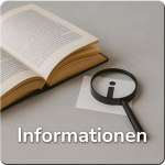 Ein Aufgeschlagenes Buch. Daneben liegt eine Lupe auf einem Notitzzettel mit einm "i" beschriftet. Darunter der Schriftzug "Informationen"