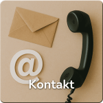 Briefumschlag mit einem Telefonhörer daneben ind einem at-Zeichen darunter. Darunter der Schriftzug "Kontakt"