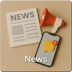 Eine stilisierte Zeitung mit der Aufschrift "News" daneben ein Megaphon, darunter ein stilisiertes Smartphone mit einer neuen Nachricht. Darunter der Schriftzug "News"