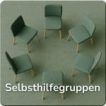Ein Stuhlkreis mit 6 Stühlen. Darunter der Schriftzug "Selbsthilfegruppen".